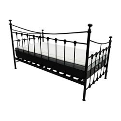 Contemporary Victorian revival black metal day bed, featuring arched back and sides with turned finials and spindle rails, complete with single 'OTTO' mattress