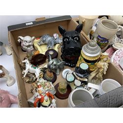 Assorted metal ware, to include tray, mugs, various flatware, small group of brass, and assorted ceramics including two horse figures, teapot, plates, vases, etc., in four boxes 