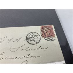 Queen Victoria postal history, penny red stamps on covers and letters, with singles, pairs and strips, mourning covers, various postmarks and cancels including 'K Exeter MR 25 69', 'Kendal MR 24 1866 C', '48B Bolton MY 30 66', 'C Whitby AU 2 68', '10 Bristol AU 7 72' etc, approximately 140 items in total