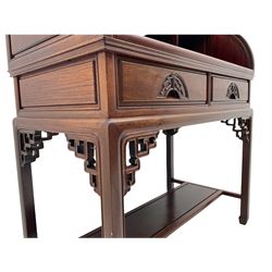Hardwood cylinder desk, three drawers raised over curved lid, fitted interior with slide, the supports joined by undertier with fret work brackets 