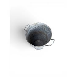 Nine galvanised flower buckets, tapering form with twin handles