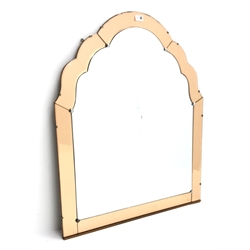  Art Deco style arched top overmantle mirror with peach glass surround and cut decoration H92cm W76cm  
