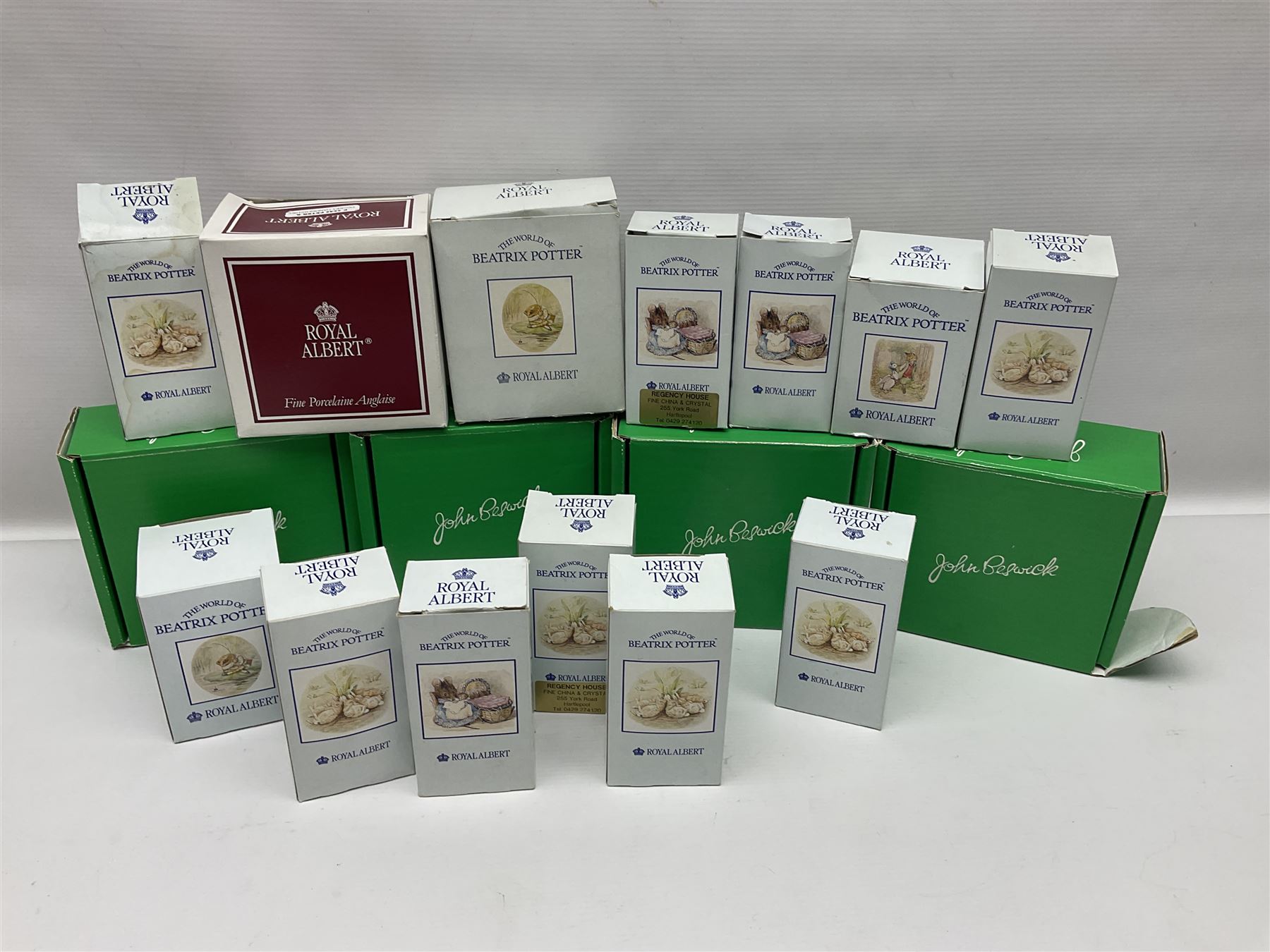 Sixteen Royal Albert Beatrix Potter figures, including Poorly Peter Rabbit, Jemima Puddle Duck and Squirrel Nutkin etc, all boxed together with a Beswick Beatrix Potter Jeremy Fisher miniature jug and four Beswick Wind in the Willows figures 
