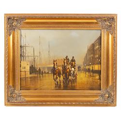 Gerald Isom (British 1945-): Horse and Carriage on the Dockside at Eventide, oil on canvas signed 30cm x 40cm
Provenance: purchased David Duggleby Ltd 16th September 2022, Lot 142