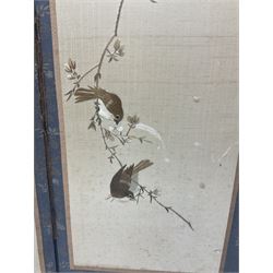 Two Oriental silk and wooden screens embroidered with birds and blossoming branches, largest H88cm 
