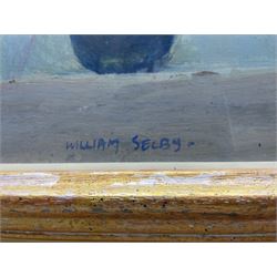 William Selby (Northern British 1933-): 'Blue Pear', mixed media on board signed, titled verso with artist's Brixham address label and Artist's Stock No.1312, 23cm x 18cm