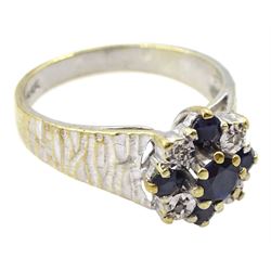 9ct white gold sapphire and diamond cluster ring with textured shoulders, Birmingham 1976