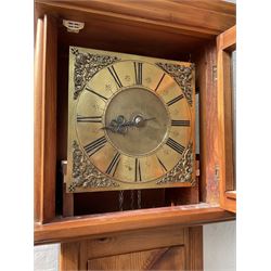 Contemporary Pine longcase clock -  With an early single handed 18th century 30hr movement and dial, movement and dial by Ephraim Dyer of Bideford, 1683-1723, brass dial with a matted dial centre, cast spandrels, single steel hand and chapter ring with Roman numerals, dial pinned to a chain driven birdcage movement with a countwheel strike, striking the hours on a bell. No weight or pendulum.