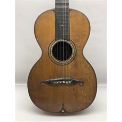 19th century Continental parlour guitar for restoration or display, with maple back and sides,  spruce top, scalloped neck and bone pegs; bears inset plaque to head 'Lapaix Paris 1830' and 'John Eastwood Teacher of the Guitar' paper label with manuscript note 'Fine Old Guitar Restored 1888 by JCB Leeds' L92cm