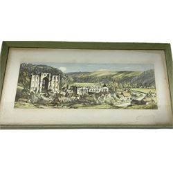 After Freda Marston, railway carriage print depicting Rievaux Abbey 15 x 41cm, green painted oak frame; and framed colour print of an LNER poster 'Redcar - It's Quicker by rail', stamped LNER verso, 42 x 55cm (2)
