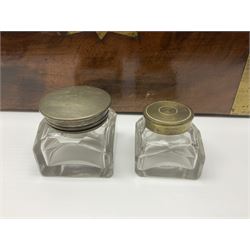 Victorian mahogany writing slope, the brass bound hinged cover opening to reveal tooled leather and gilt interior with two glass inkwells, together with a similar parquetry inlaid writing slope, with central mother of pearl inlay enrgraved 'Sarah', tallest H17cm 