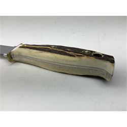 German Puma Hunter's-Pal knife, the 10cm steel blade marked model 6397, serial No.72573 to guard, fixed blade, antler scales; in original hard plastic case with paperwork and guarantee label; with brown leather sheath marked Puma L22.5cm overall