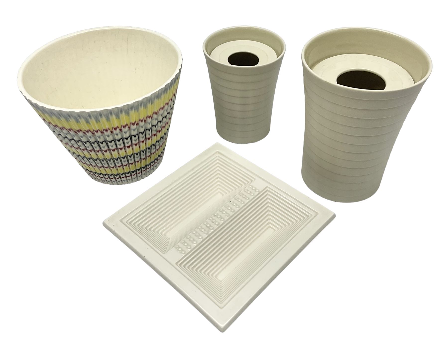 Hornsea Pottery Rainbow planter by John Clappison, together with two Horsea Concept vases with flower holders and Hornsea Stadium dish, largest example H16cm