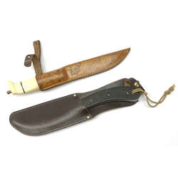 Norwegian hunting knife with 15cm steel single edged blade, bone handle and brass ferrule, in leather scabbard decorated with a moose and inscribed 'Norge', with etched name verso 23882440 Pte. Eveleigh D. MTSec 1/8 DLI, L30cm overall
