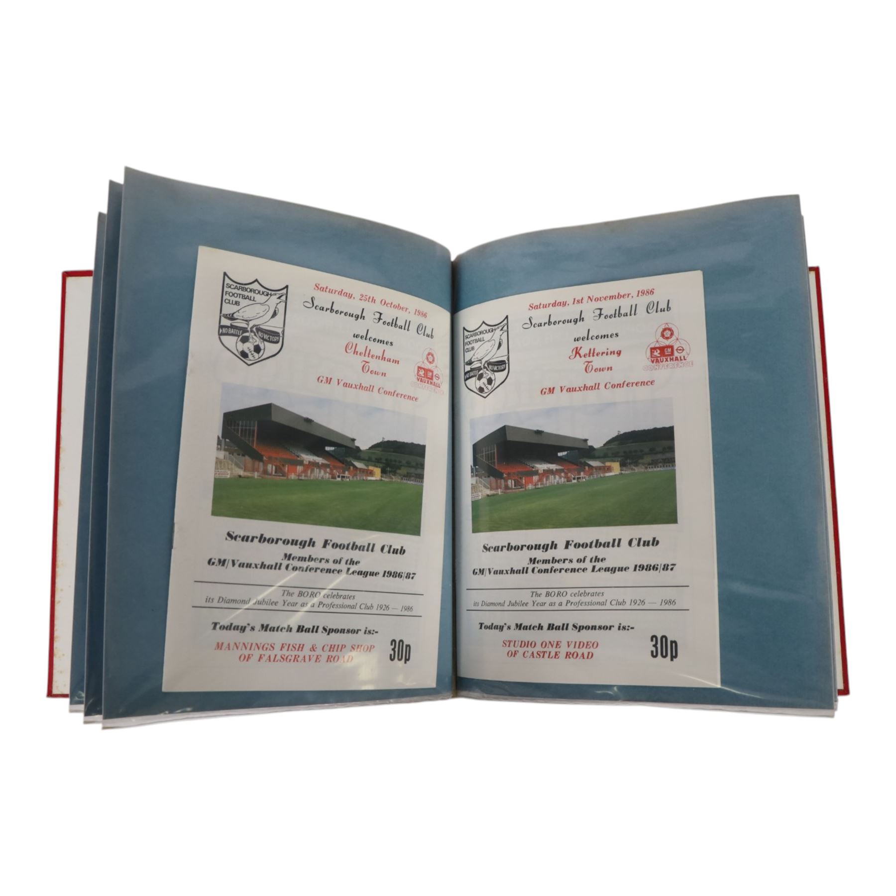 Comprehensive collection of approximately two-hundred Scarborough FC football programmes for the 1983/84, 1984/85,1985/86 and 1986/87 seasons, all filed within eight dedicated Scarborough FC red Home and Away binders 