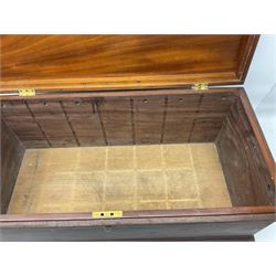 19th century teak chest, with sunken brass handle, the hinged lid with brass plaque engraved 'H.H. Earle 1899', H34cm, L83cm, notes: reputedly the chest of H.H.Earle, daughter of George F Earle of the Earle shipbuilding family of Hull 