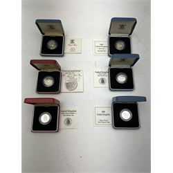 Six The Royal Mint United Kingdom silver proof coins, comprising 1983, 1986, 1988, 1988 piedfort, 1989 and 1990, all cased with certificates