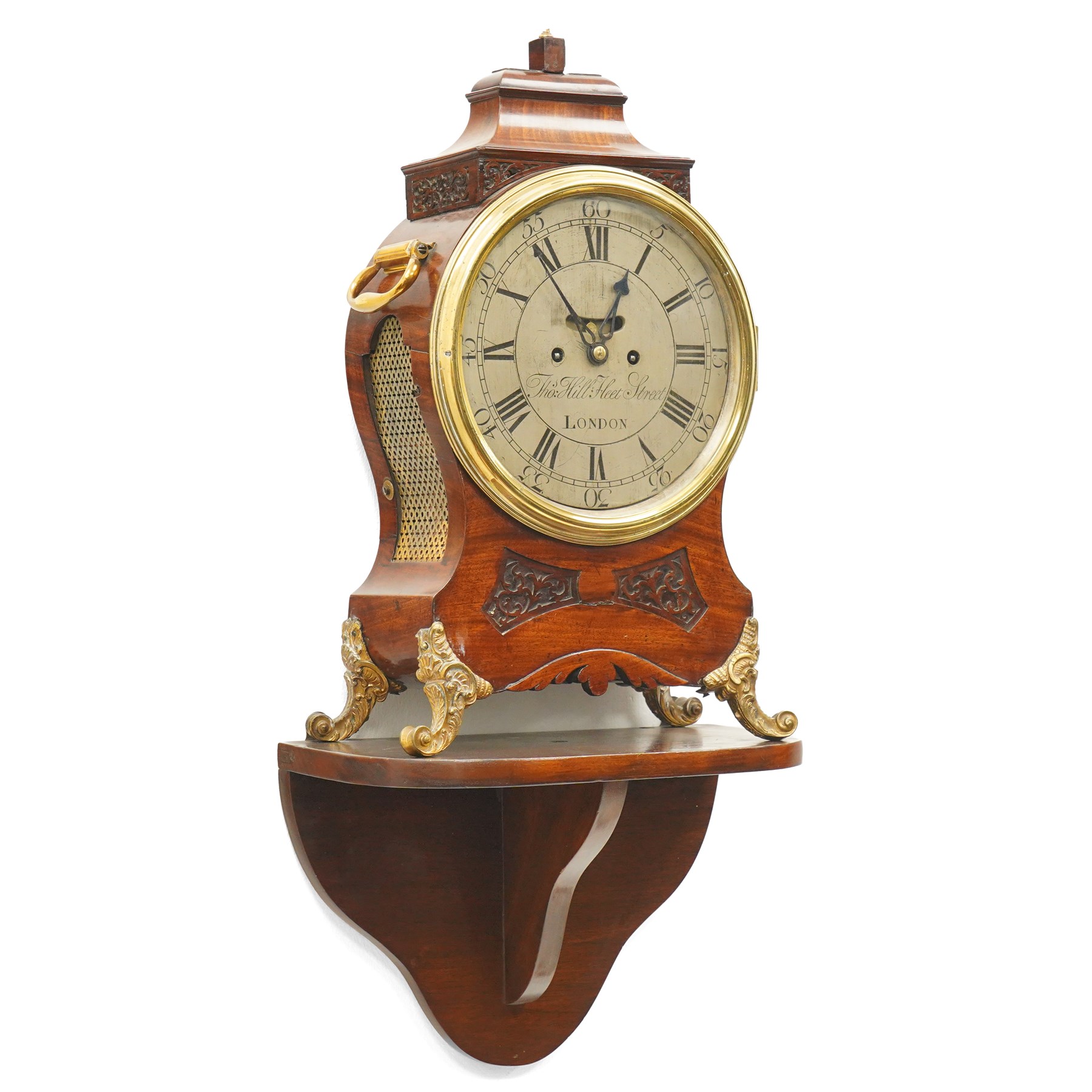 18th century bracket clock with twin chain fusee movement, the steel dial inscribed Thomas Hill, Fleet Street, London in mahogany case with blind fret carved panels, brass handles on gilt brass scroll feet with a later mahogany bracket H50cm excluding bracket