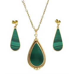 Gold pear shaped malachite pendant necklace and pair of similar gold stud earrings, all hallmarked 9ct