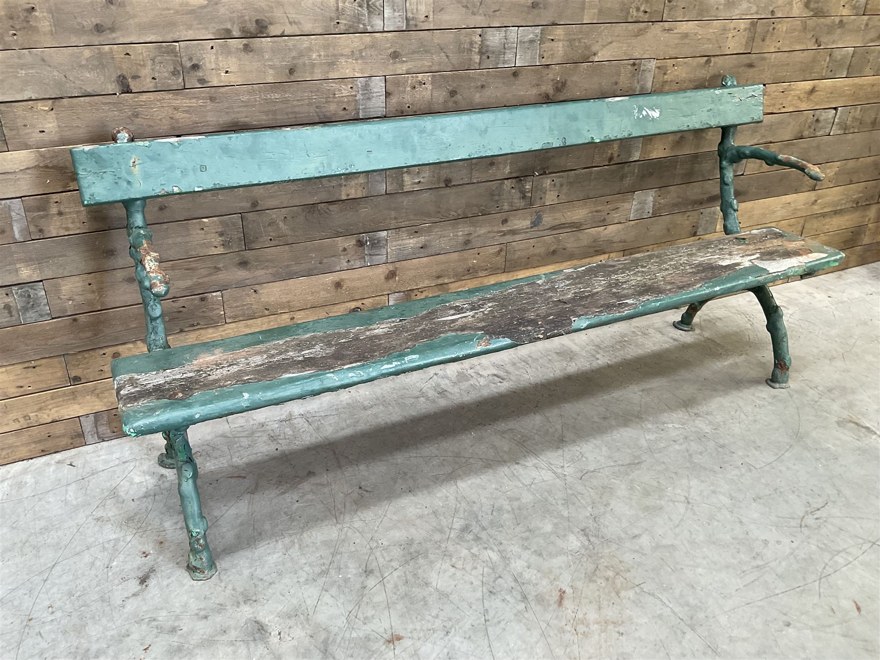 Early 20th century cast iron framed faux bois garden bench, timber seat and back rest