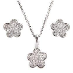 White gold diamond flower cluster pendant necklace and pair of matching stud earrings, all hallmarked 18ct