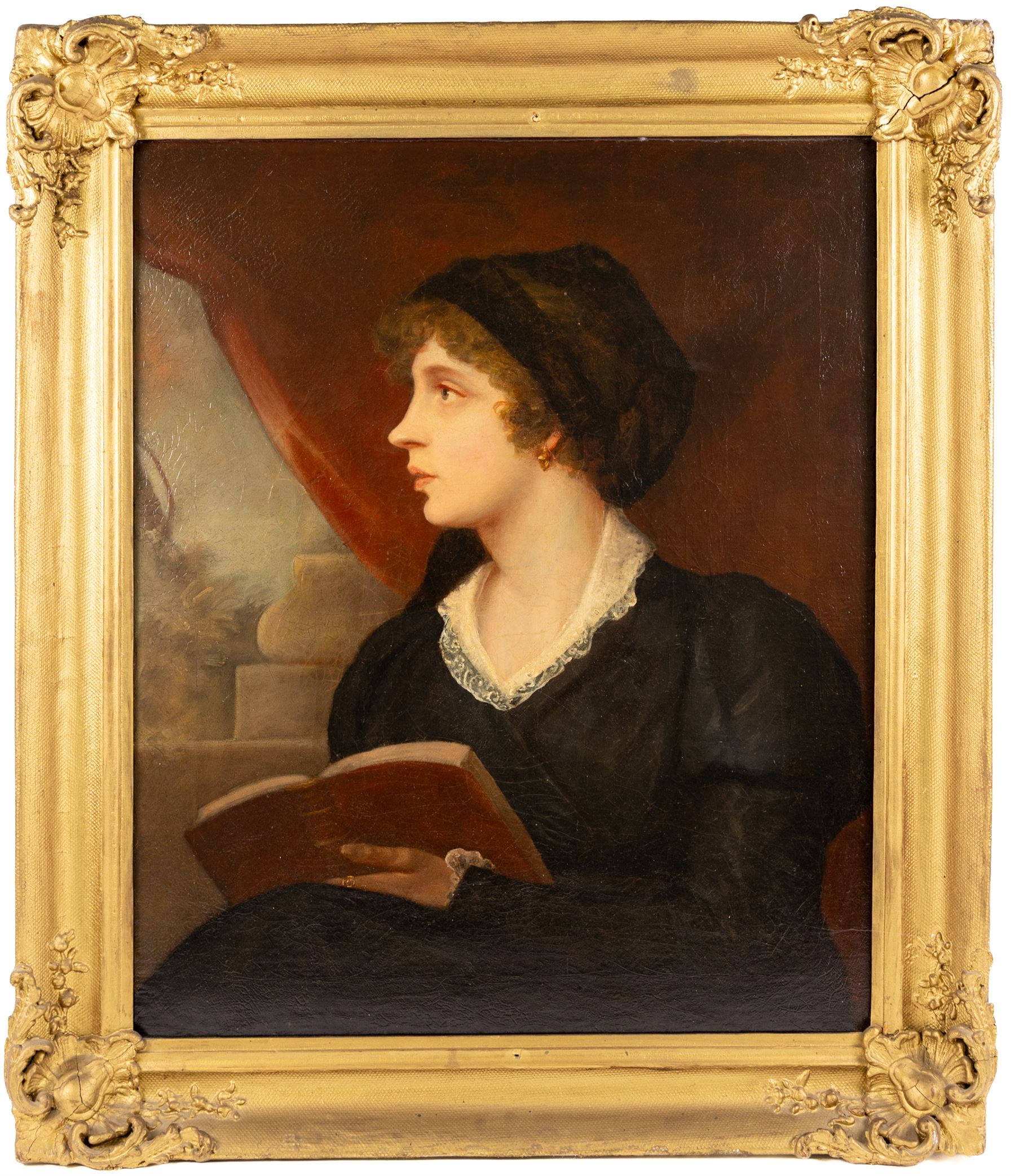 English School (Early 19th century): Portrait of a Girl in a Black Veil Reading a Book, oil on canvas unsigned 75cm x 62cm 