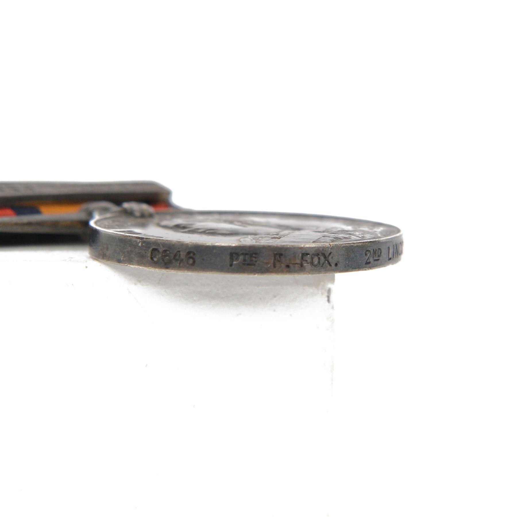 Boer War medal, Queen's South Africa medal with South Africa 1902, South Africa 1901, Orange Free State, Transvaal and Cape Colony clasps, awarded to 6646 Pte F. Fox 2nd Lincoln Regi 