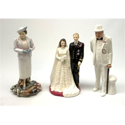 Three Royal Doulton figures, comprising HM The Queen and HRH The Duke of Edinburgh, HN3836, limited edition 458/750, HM Queen Elizabeth The Queen Mother, HN3944, limited edition 887/5000, and Sir Winston Churchill, HN3057. 