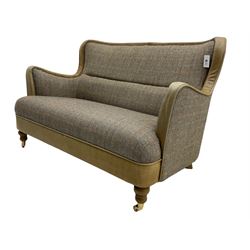 Harris Tweed - Two seat sofa, upholstered in tweed fabric and tan leather, with studded detail