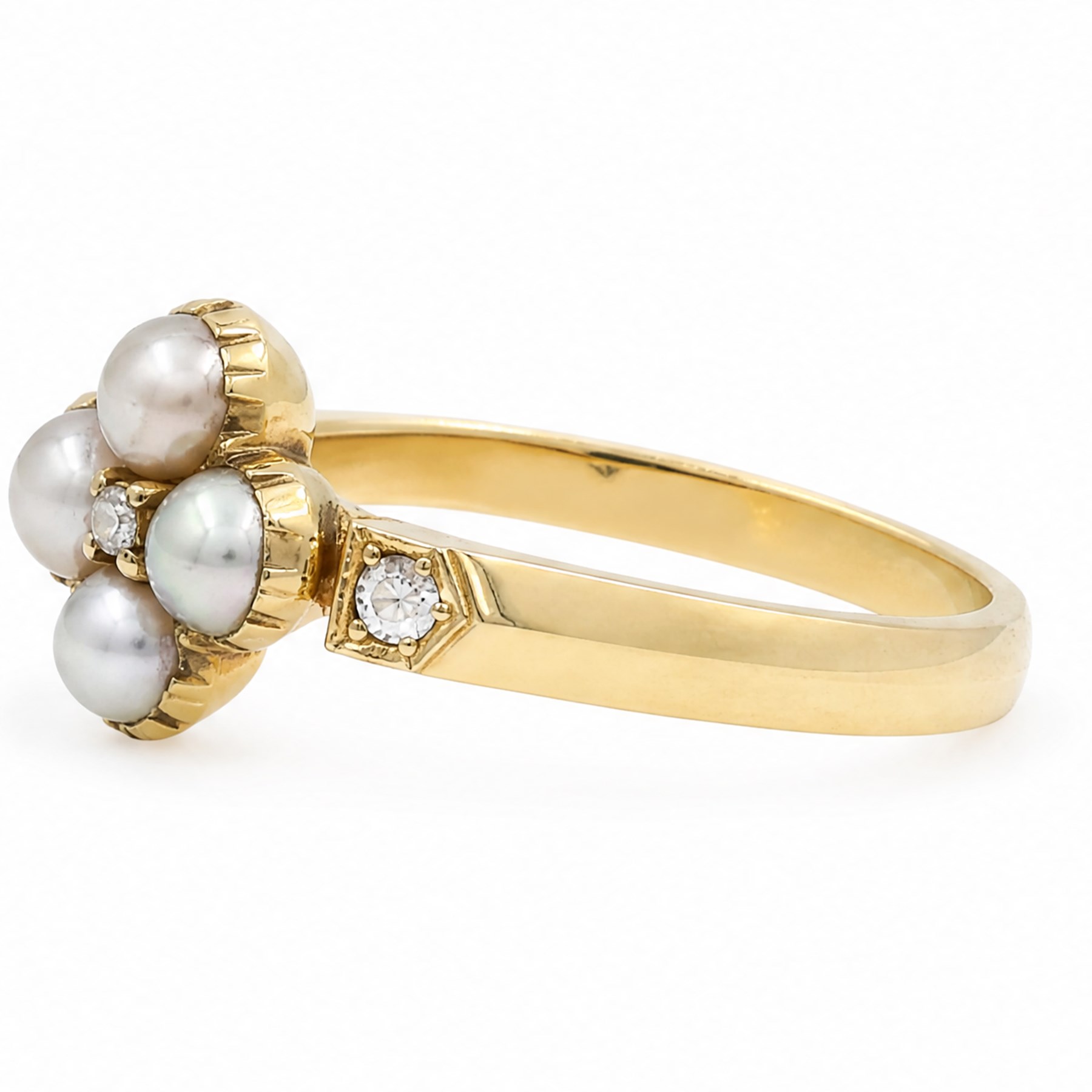 19th/ early 20th century gold pearl and diamond flower head cluster ring, single old cut diamond surrounded by four grey pearls, with a diamond set either side, by Cornelius Desormeaux Sanders & James Francis Hollings Shepherd, stamped 18ct