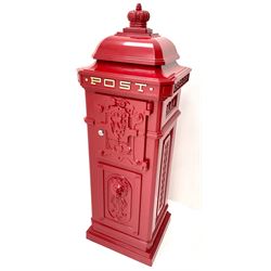 Reproduction red painted post box, with crown finial and lion mask (no keys, locked)