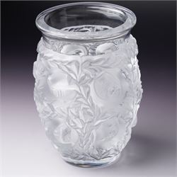Lalique 'Bagatelle' frosted glass vase, decorated with sparrows in a hedge, marked Lalique France to base, H17cm 