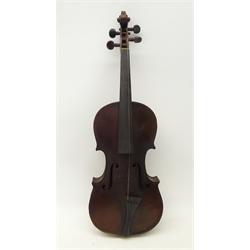  Mid 19th Century German 36cm two piece maple back,  ribs and spruce top violin, stamped 'Duke' at top of back, total length 60cm  