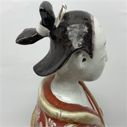 Large Japanese Imari porcelain figure, modelled as a Bijin, wearing a long kimono decorated with apple blossom and leafy branches on a white ground, with gilt detailing, possibly Edo period, H63cm