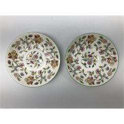 Minton Haddon Hall pattern tea set, comparing teapot, two tea cups and saucers (5)