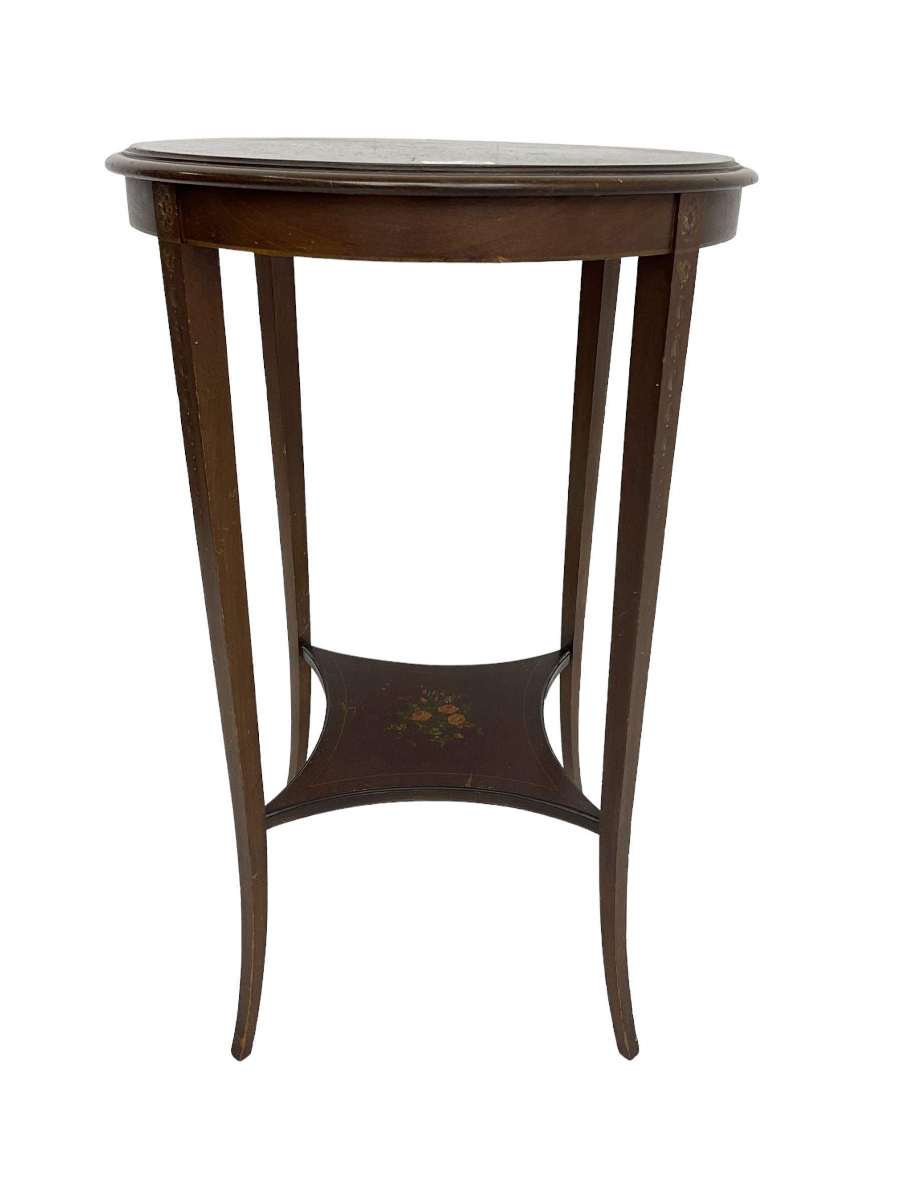 Greenwood and Sons York - early 20th century mahogany side or lamp table, decorated with floral garlands and central musical instrument motifs, with square tapering supports joined by an under-tier 