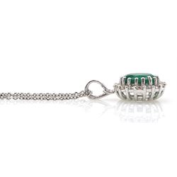 18ct white gold oval emerald and round brilliant cut diamond cluster pendant, stamped 18K, on a silver chain, emerald approx 1.10 carat, total diamond weight approx 0.45 carat