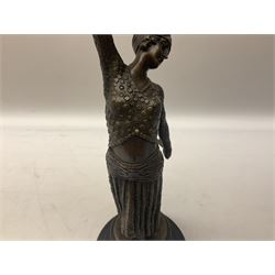 Art Deco style bronze figure of a female dancer, after 'Chiparus', with foundry mark, raised upon a circular stepped base, H38cm
