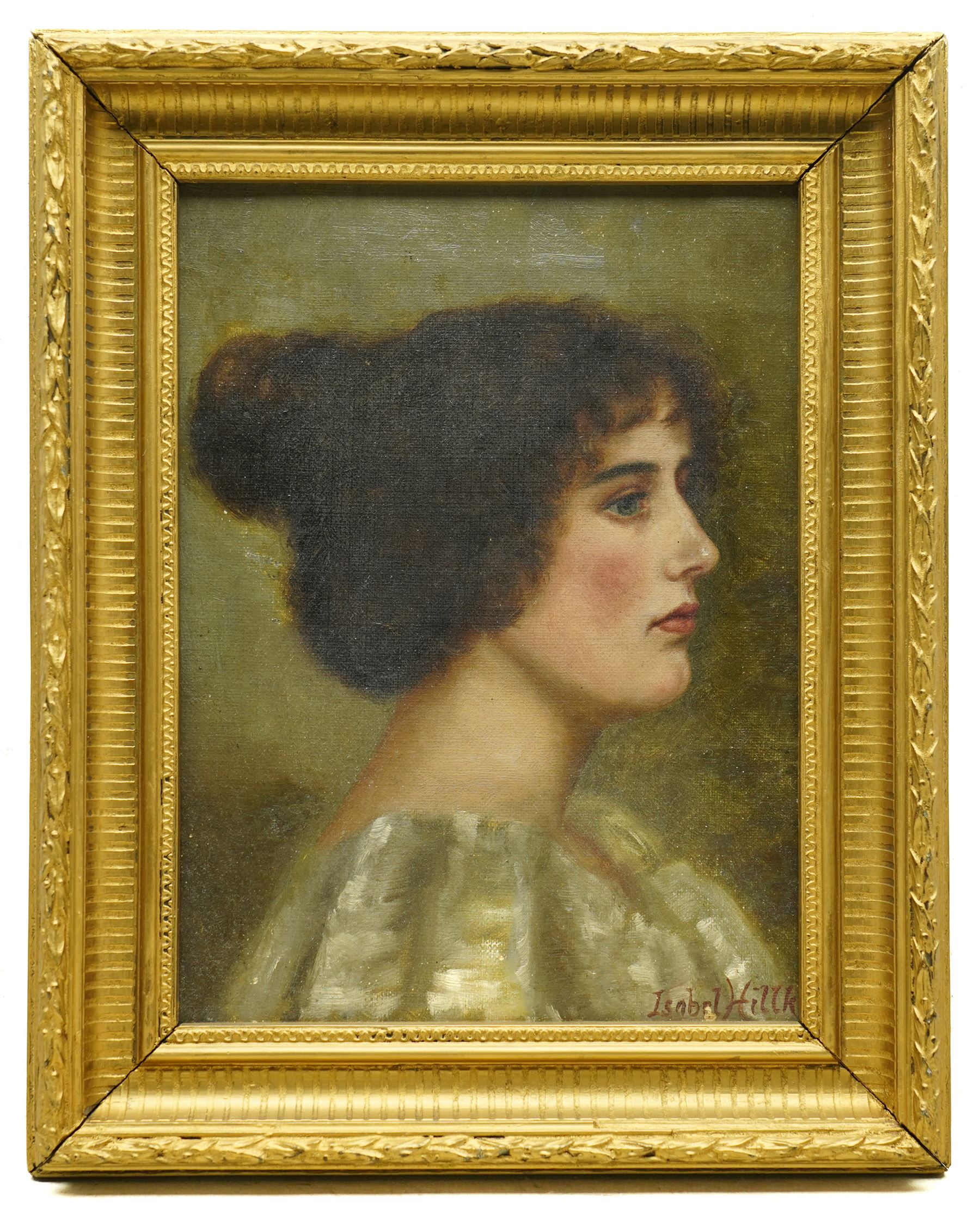 Isabel Hillkink (British fl.1900-1908): Side Profile Portrait of an Edwardian Lady, oil on canvas signed 29cm x 22cm