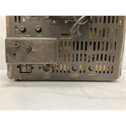 1950s Bush Type TV22 Bakelite Television receiver, the TV cased in marbled brown Bakelite of stepped form, the 9 inch screen with white mask, with original leather cover casing to reverse, H39cm D34cm W38cm