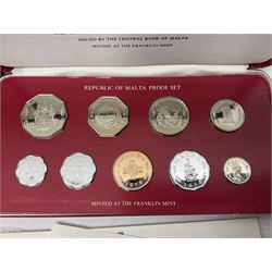 First National Coinage of Barbados 1973 proof eight coin set, from ten dollars to one cent, the ten dollar coin minted in sterling silver, the five dollar coin minted in 800 silver, and a Barbados 1974 proof eight coin set, both minted at The Franklin Mint, cased with certificates; two Republic of Malta decimal proof coin sets, dated 1978 and 1979, the 1979 one pound coin minted in sterling silver, both minted at The Franklin Mint, cased with certificates; Cayman Islands 1973 proof eight coin set, minted at the Royal Canadian Mint, cased; and a Cayman Islands 1979 proof eight coin set, the five dollar to fifty cents coins each minted in sterling silver, minted at the Franklin Mint, cased with certificate (6)