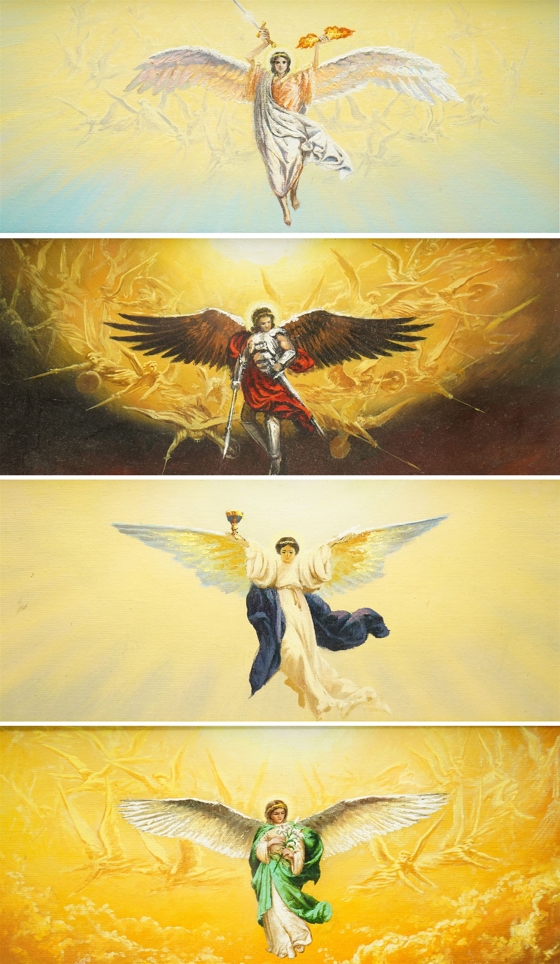 Victor Arseni (Moldovan 1969-): The Four Archangels - Michael Gabriel Raphael and Uriel, set four oils on board signed and inscribed verso 13cm x 29cm (4)