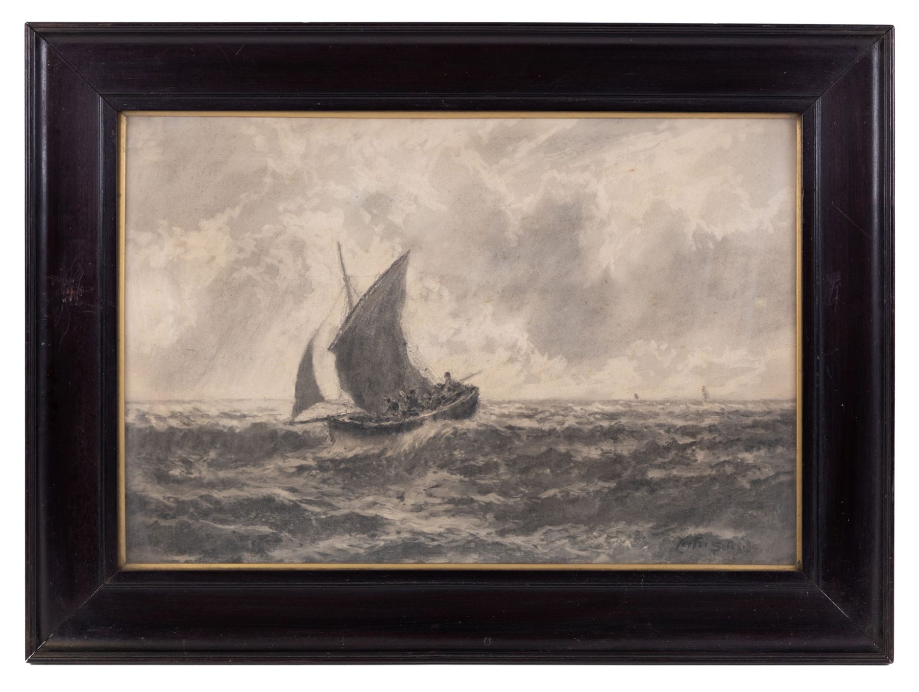 Lester Sutcliffe (British 1848-1933): Ships Landed and Ships at Sea, pair monochrome pastel and watercolours signed 35.5cm x 53cm