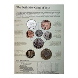 Seven The Royal Mint United Kingdom uncirculated coin sets, comprising  2008 'Emblems of Britain' seven coins, 2010 'A celebration of Britain' eight coins, 2014 'Definitive' eight coins, 2015 'The Fourth Circulating Coinage Portrait Final Edition' eight coins, 2022 'Definitive' eight coins, 2023 'King Charles III Definitives' eight coins and 2024 'Definitive' eight coins, all in card folders