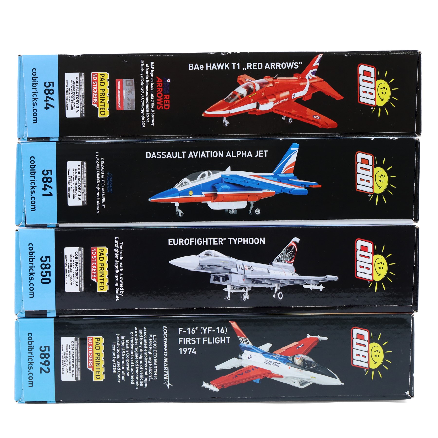 Four Cobi Bricks 1:48 scale Armed Forces model aircraft sets, comprising no. 5850 Eurofighter Typhoon, no. 5892 F-16 YF-16 First Flight 1974, no. 5841 Alpha Jet Patrouille De France and no. 5844 BAe Hawk T1 'Red Arrows', all in sealed boxes