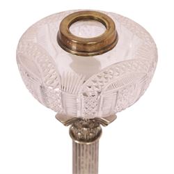 Victorian silver plated Corinthian column oil lamp, raised upon a stepped base, clear glass reservoir, H54cm 