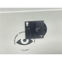 Set of three Royal Mail David Bowie limited edition album stamp prints, comprising Aladdin Sane, Blackstar and Earthling, all framed and in original packaging, H43cm W43cm