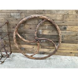 Two vintage agricultural harrows and cast iron machinery wheel/gear
