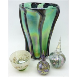  J. Ditchfield Glasform iridescent vase of waisted form moulded with vertical veins, signed, H28cm, two Okra iridescent globular scent bottles with stoppers and a similar floral decorated bowl (4)  