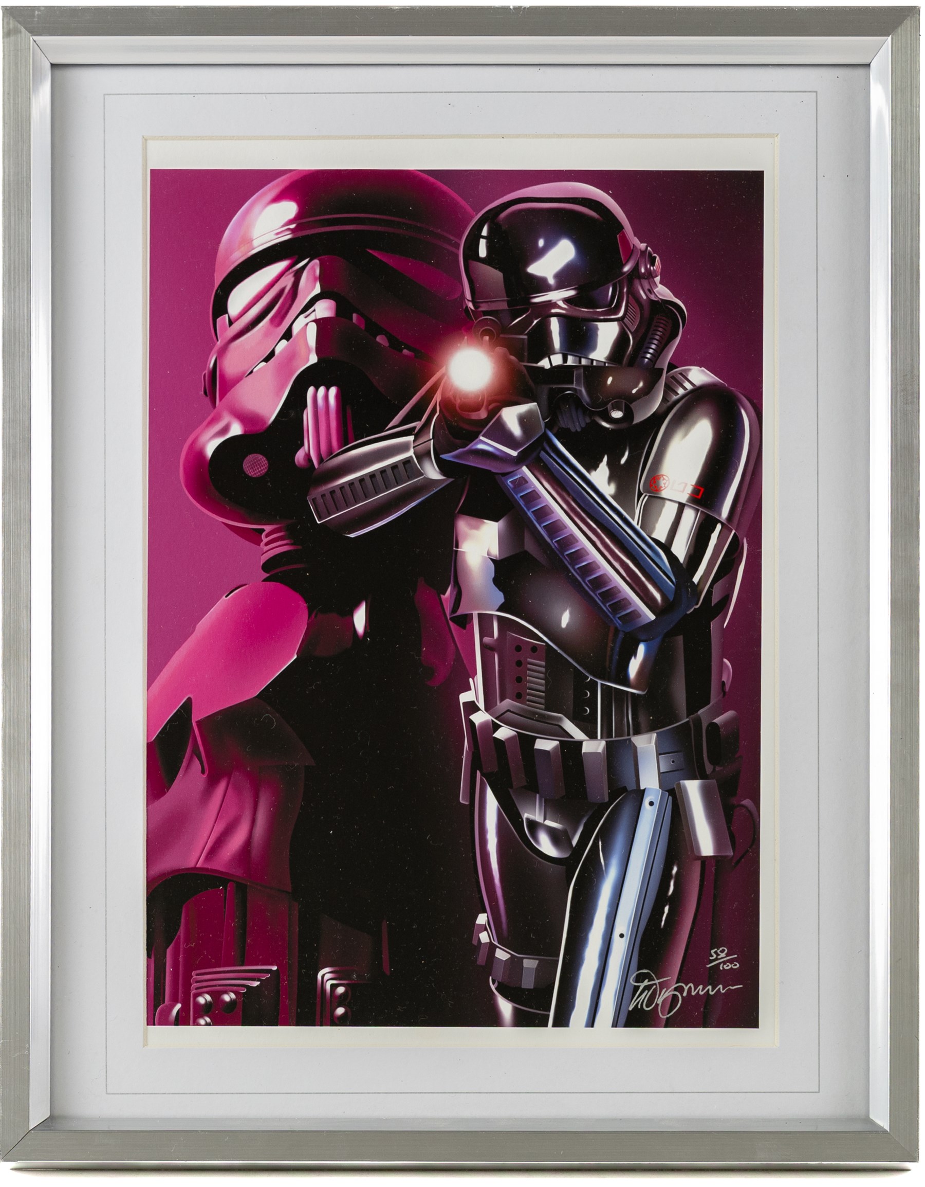 Five framed Cards Inc Star Wars Revenge of the Sith prints, comprising Mace Windu, Yoda, C-3PO, Darth Vader and R2-D2, the R2-D2 example signed by actor Kenny Baker, together with a collection of six smaller limited edition Star Wars art prints, largest H39cm (11)